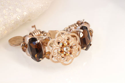 Brown Rose gold bracelet, Rebeka Crystal bracelet, Dark Topaz Beaded Bangle, Gift For Woman, Charm Dangle Bracelet, Honey flower bracelet