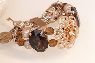 Brown Rose gold bracelet, Rebeka Crystal bracelet, Dark Topaz Beaded Bangle, Gift For Woman, Charm Dangle Bracelet, Honey flower bracelet