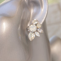 BRIDAL WHITE EARRINGS, Bridesmaid Moonstone Color Earring, Rebeka Crystals Studs,Medium Cluster Bride Earrings,Wedding White Opal Earring