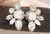 BRIDAL WHITE EARRINGS, Bridesmaid Moonstone Color Earring, Rebeka Crystals Studs,Medium Cluster Bride Earrings,Wedding White Opal Earring