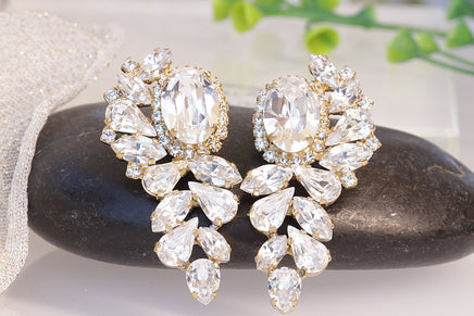 CRYSTALS CLUSTER STUDS, Rebeka Earrings, Statement Bridal Earrings, Wedding Earrings For Brides,Large Woman Studs,Cocktail Estate Jewelry