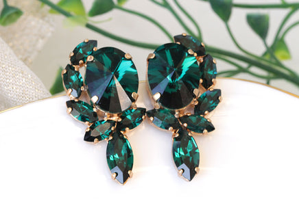 DARK GREEN Earrings, Emerald Bridal Earrings, Rebeka Formal Earrings, Cluster Studs, Statement Large Earring,Mother of The Brides Earring