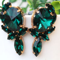 DARK GREEN Earrings, Emerald Bridal Earrings, Rebeka Formal Earrings, Cluster Studs, Statement Large Earring,Mother of The Brides Earring