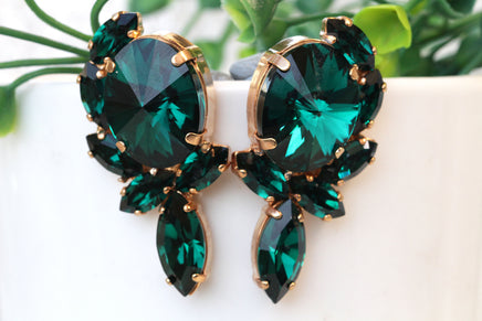 DARK GREEN Earrings, Emerald Bridal Earrings, Rebeka Formal Earrings, Cluster Studs, Statement Large Earring,Mother of The Brides Earring