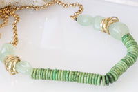 GREEN AGATE NECKLACE, Row Stones Necklace, Beads Necklace,Beaded Long Necklace, Green Wood Necklace, Gold Green Necklace, Boho Woman Jewelry