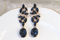 NAVY CHANDELIER EARRINGS, Bridal Blue Navy Earrings, Blue Cluster Formal Earrings, Rebeka Long Earrings, Dark Blue Drop Earrings, Xmas