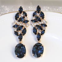 NAVY CHANDELIER EARRINGS, Bridal Blue Navy Earrings, Blue Cluster Formal Earrings, Rebeka Long Earrings, Dark Blue Drop Earrings, Xmas