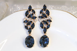NAVY CHANDELIER EARRINGS, Bridal Blue Navy Earrings, Blue Cluster Formal Earrings, Rebeka Long Earrings, Dark Blue Drop Earrings, Xmas