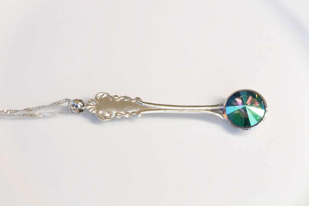 SPOON NECKLACE, Bridal Green Ab Necklace, Spoon Jewelry For Christmas Gifts, Rebeka Necklace,Tea Set, Sister Aunt Gift , Spoon Earrings