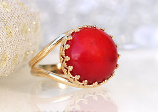 RED CORAL RING, Red Gemstone Ring, Gold Red Ring, Anniversary Ring, Real Coral ring, Women's Ring, Daily Purpose Ring,Birthstone Unique Ring
