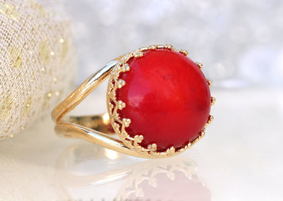 RED CORAL RING, Red Gemstone Ring, Gold Red Ring, Anniversary Ring, Real Coral ring, Women's Ring, Daily Purpose Ring,Birthstone Unique Ring