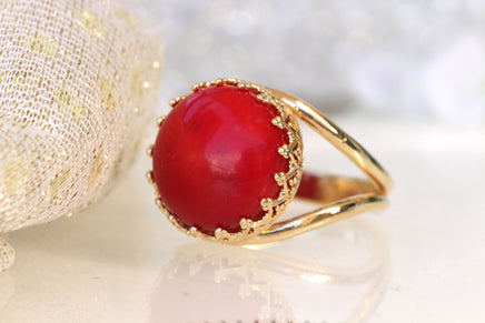 RED CORAL RING, Red Gemstone Ring, Gold Red Ring, Anniversary Ring, Real Coral ring, Women&#39;s Ring, Daily Purpose Ring,Birthstone Unique Ring