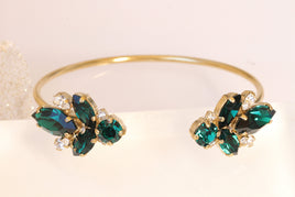 EMERALD BRACELET, Emerald cuff Bracelet, Bridal Dark Green Rebeka Bracelet ,Wedding Art Deco Bracelet,Bridesmaids Open Cuff, Dainty Cuff