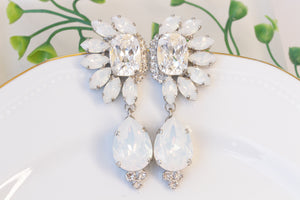 OPAL LONG Earrings, Bridal White Earrings, White Dangle Earrings, Bridal Cluster Earrings,Bridesmaids Earring, Rebeka Crystal Chandeliers