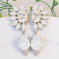 OPAL LONG Earrings, Bridal White Earrings, White Dangle Earrings, Bridal Cluster Earrings,Bridesmaids Earring, Rebeka Crystal Chandeliers