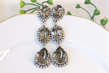 GRAY EARRINGS, Rebeka Wedding Long Earrings, Dark Antique Silver Chandelier Earrings, Bridal Black Diamond earrings,Woman Evening Jewelry