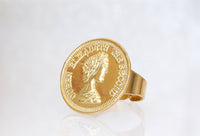 GOLD COIN RING, Ancient Coin Ring, Queen Elizabeth  Coin Jewelry,Adjustable Ring, Statement Ring,Old Coin Signet Ring for Women,British ring