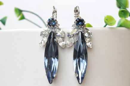 Blue STATEMENT BRIDAL EARRINGS, Navy Wedding Long Earrings, Rebeka Navy Blue Earrings, Dusty Blue Jewelry, Long Drop Earrings,Mother Gift