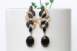 BLACK GOLD EARRINGS, Bridal Gold Black Evening Earrings, Long Drop Chandelier Earrings, Rebeka Jet Earrings, Woman Black Elegant Earrings