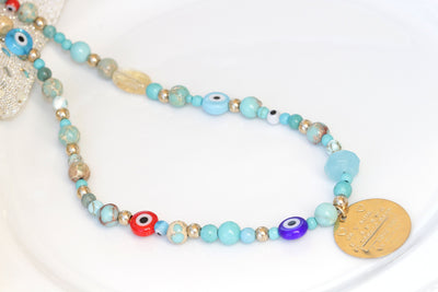 TURQUOISE NECKLACE, Evil Eye Necklace, Turkish eye Necklace, Beaded Necklace, Protection jewelry,Best Friend Gift For Her, coin Necklace