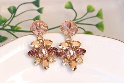 BLUSH BRIDESMAID EARRINGS, Art Deco Earrings, Rebeka Bridal Earrings, Rose Gold Wedding Jewelry, Antique Pink Crystal Cluster Long Studs