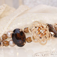 Brown Rose gold bracelet, Rebeka Crystal bracelet, Dark Topaz Beaded Bangle, Gift For Woman, Charm Dangle Bracelet, Honey flower bracelet
