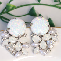 WHITE OPAL Cluster EARRINGS, White Pearl Earrings, Bridal White Jewelry, Silver Earrings,Wedding White Earring, Rebeka Opal Stud Earrings