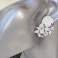 WHITE OPAL Cluster EARRINGS, White Pearl Earrings, Bridal White Jewelry, Silver Earrings,Wedding White Earring, Rebeka Opal Stud Earrings