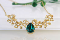 EMERALD NECKLACE, Leaves Dainty Necklace, Rebeka Necklace, Bridal Gold Filled Necklace, Dark Green Necklace, Crystal Teardrop Necklace,