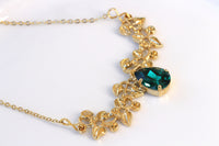 EMERALD NECKLACE, Leaves Dainty Necklace, Rebeka Necklace, Bridal Gold Filled Necklace, Dark Green Necklace, Crystal Teardrop Necklace,