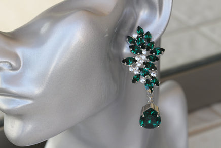 EMERALD DANGLE EARRINGS, Rebeka Statement Chandeliers For Bridal, Wedding Long Dark Green Earrings,Teardrop Earrings, Mother of The Bride