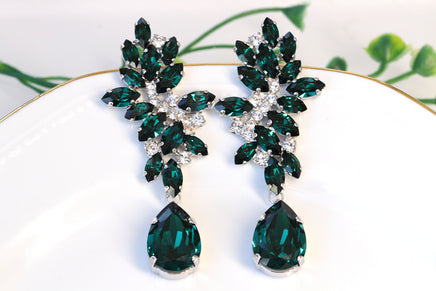 EMERALD DANGLE EARRINGS, Rebeka Statement Chandeliers For Bridal, Wedding Long Dark Green Earrings,Teardrop Earrings, Mother of The Bride