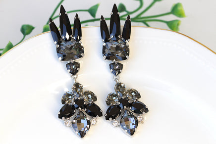 BLACK DIAMOND EARRINGS, Unusual Chandeliers,Black Gray Evening Earrings, Rebeka Long Earrings, Dramatic Cocktail Earrings , Mother Gift