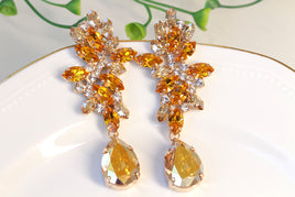 CITRINE EARRINGS, Rebeka Yellow Gold Chandeliers, Bridal Earrings, Wedding Rhinestone Earrings,Teardrop Earrings, Yellow Crystal Earrings