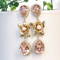 BLUSH FLOWERS CHANDELIER, Rebeka Earrings, Long Bridal Earrings, Light Pink Pearl Earrings, Morganite Earrings, Wedding Jewelry Rose Xmas