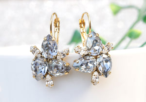 DUSTY BLUE CRYSTAL Leaves Earrings, Rebeka Leverback Earring, Bridal Light Blue Earrings, Bridesmaid Earrings Gift, Cluster Drop Earrings