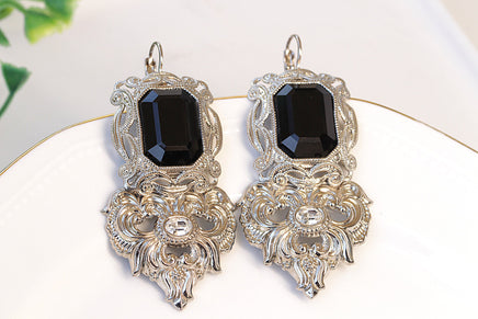 BLACK Filigree Earrings, Boho Jewelry, Big Drop Earrings, Antique Style Earrings, Long Black Evening Earrings, Bohemian Earrings, Rebeka