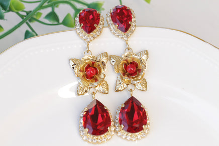 RUBY Red FLOWERS EARRINGS, Rebeka Earrings, Long Bridal Earrings, Red Coral Earrings, Floral Chandelier Earrings,Wedding Teardrop Earring