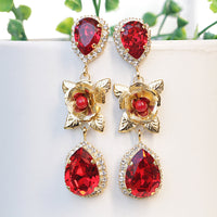 RUBY Red FLOWERS EARRINGS, Rebeka Earrings, Long Bridal Earrings, Red Coral Earrings, Floral Chandelier Earrings,Wedding Teardrop Earring