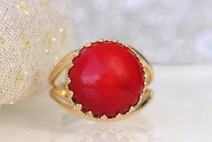 RED CORAL RING, Red Gemstone Ring, Gold Red Ring, Anniversary Ring, Real Coral ring, Women&#39;s Ring, Daily Purpose Ring,Birthstone Unique Ring