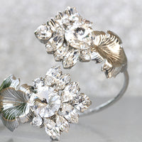 Rebeka CRYSTALS BRACELET, Bridal Statement Cuff Bracelet, Rhinestone Jewelry, Wedding Clear Bracelet,Leaf Wedding Bracelet, Leaves Cuff