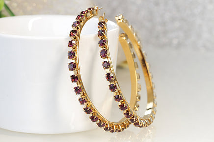 Amethyst HOOP EARRINGS, Rebeka Earrings, EXTRA Large Earrings, Crystal Hoop Earring, Wedding Statement Earrings, Dark Purple Big Hoops