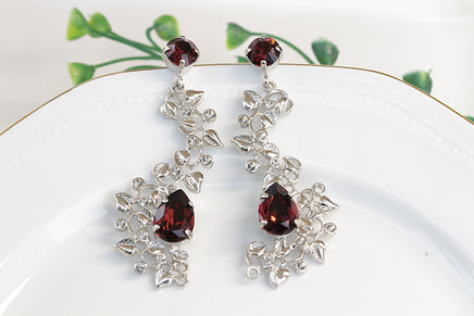 BURGUNDY EARRINGS, Rebeka Earrings, Deep Wine Bridal Earrings, Bordeaux Chandelier Earring, Leaves Earrings, Woman Oxblood Earrings Gift