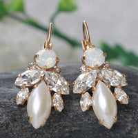 PEARL BRIDAL EARRINGS, Art Deco Wedding Earrings, Rebeka Opal Earrings, Rose Gold Wedding Drop Earrings, Ivory Bridesmaid Set for 5,6,7,8