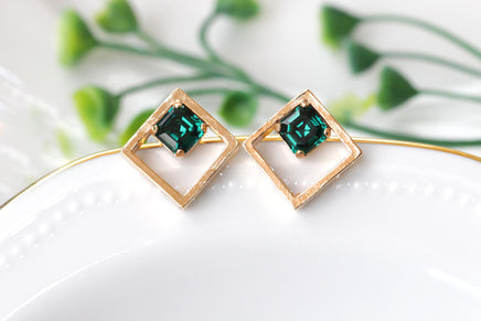 EMERALD STUD EARRINGS, Rebeka Emerald Wedding, Minimalist Square Earrings, Geometric Studs, Rose Gold Emerald Bridal Earring, Bridesmaid