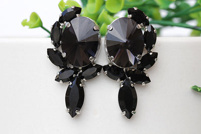BLACK EVENING Earrings, Midnight Jewelry For Formal Occasions, Rebeka Dark Gray Earrings, Cluster Studs, Statement Large Earring, Woman