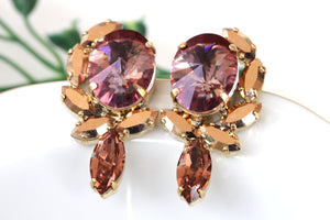ROSE GOLD EARRINGS, Antique Pink Evening Earrings, Midnight Jewelry, Rebeka Earrings, Dark Pink Cluster Studs, Statement Large Earrings