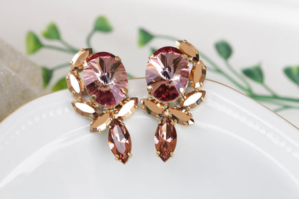 ROSE GOLD EARRINGS, Antique Pink Evening Earrings, Midnight Jewelry, Rebeka Earrings, Dark Pink Cluster Studs, Statement Large Earrings