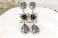 GRAY LONG EARRINGS, Gray Milk Chandelier Earrings,  Black Flowers Earrings, Rebeka Earrings,Silver Floral Chandeliers,Mother of the Groom