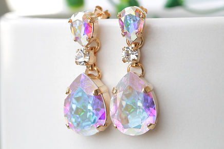 Bridal CRYSTAL Ab EARRINGS, Bridesmaid Chandelier Earrings, Rainbow Earrings, Rebeka Earring, Rustic Wedding Jewelry, Teardrop Earring